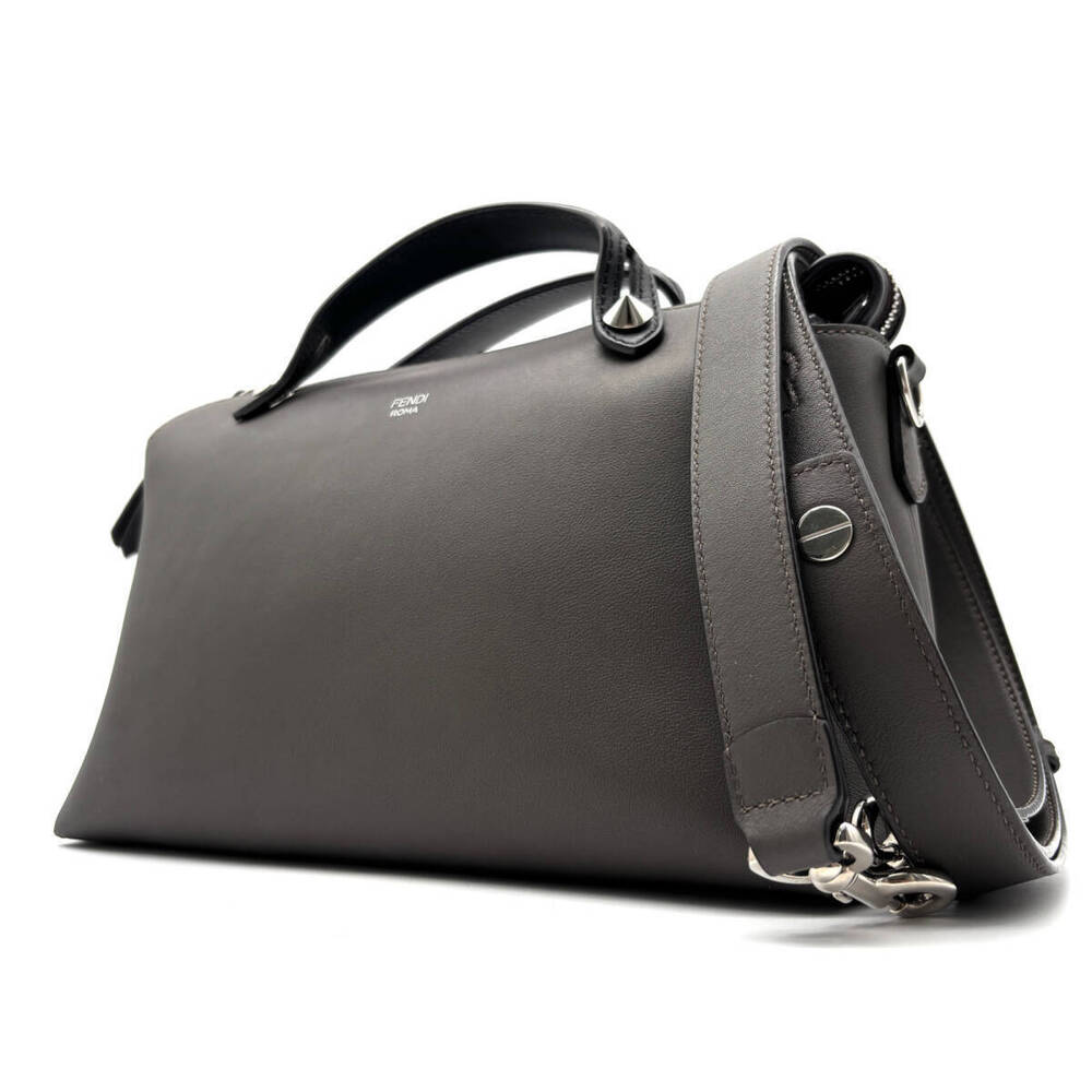 FENDI By The Way Shoulder Bag Boston Leather Gray Crossbody